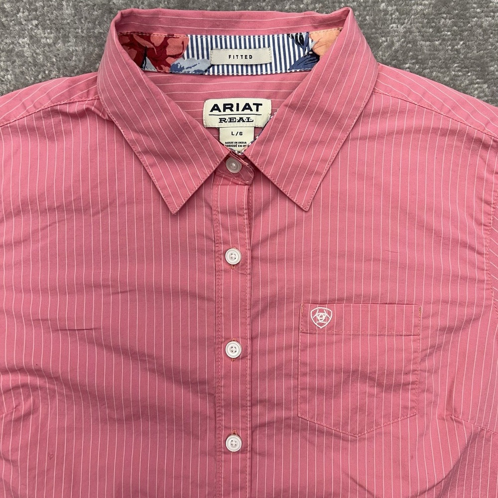 Ariat Long Sleeve Button Up Shirt Womens Large Flip Cuffs Fitted Pink Pinstriped - Picture 8 of 14